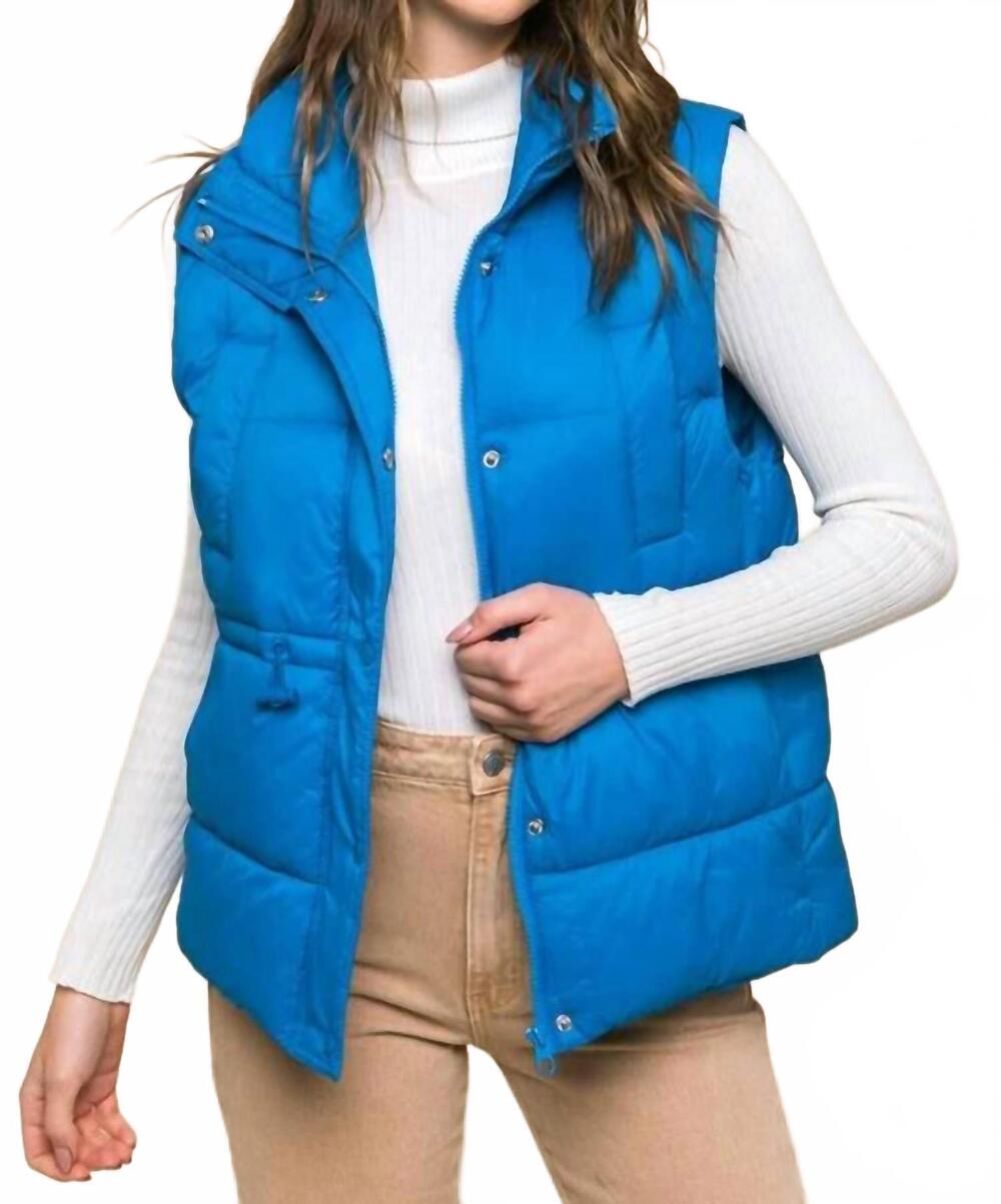 NEW LOVE TREE zip up button puffer vest with waist toggles in blue